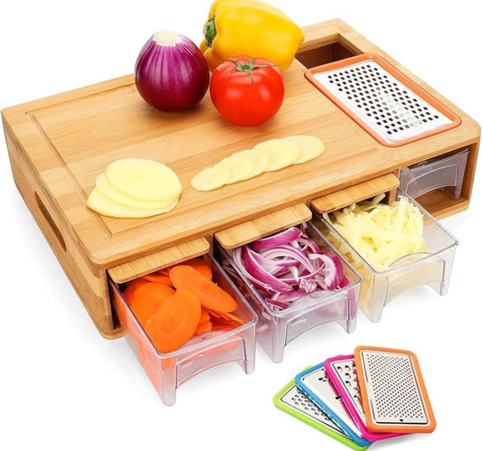 Tabla para picar de Bambu con cajones y trituradores.
